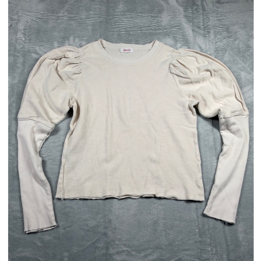 Goldie Lewinter Women XS Puff Sleeve Sweatshirt Cream Ivory Cotton Peru